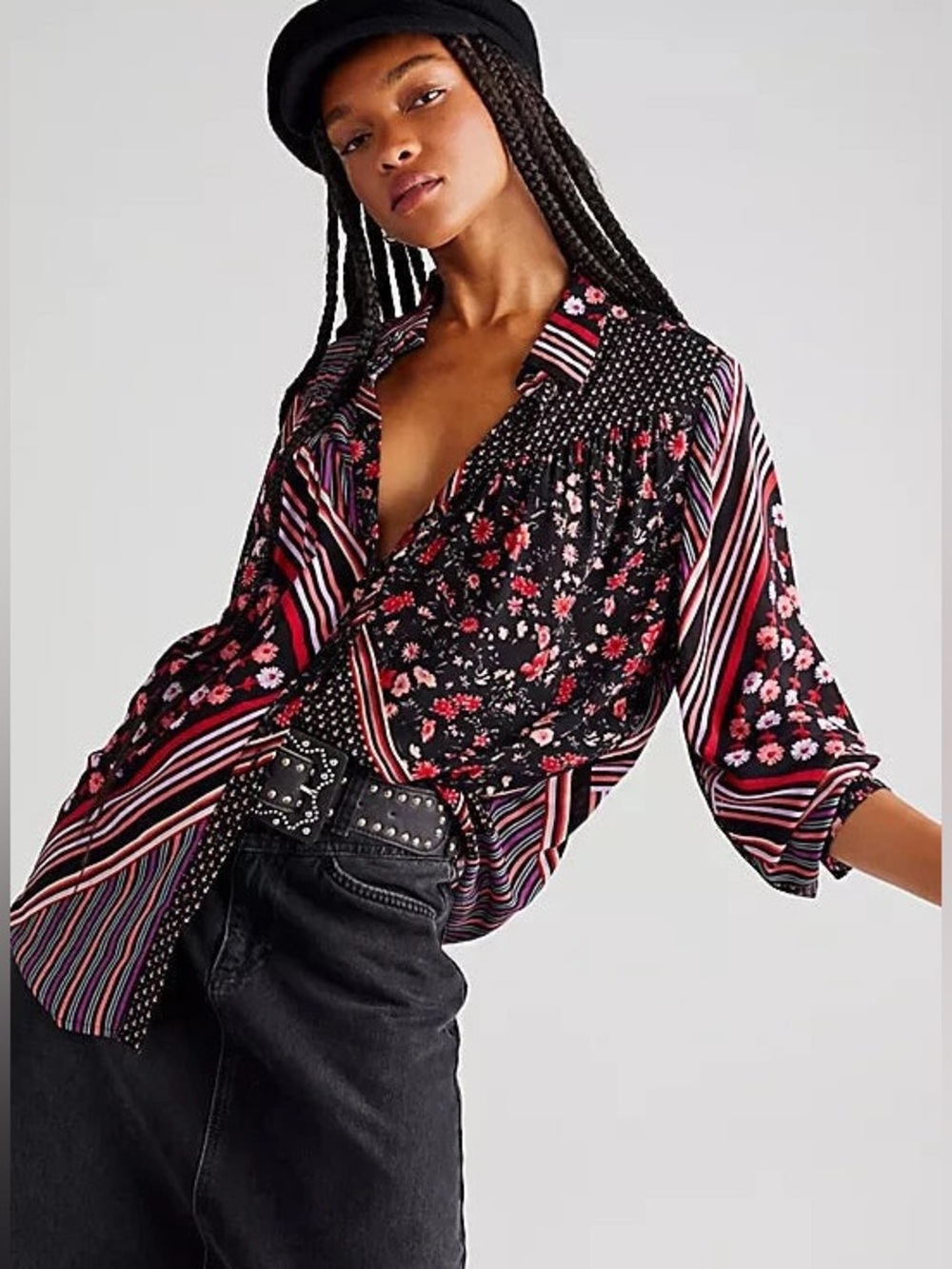 Free People Hazel Floral Button Down Shirt Boho Witchy Patchwork Oversized L